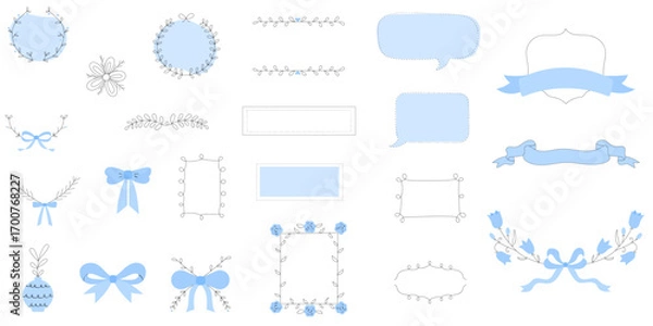 Fototapeta set of frames with ribbon bow, flowers, leaves and speech bubbles in doodle line art illustration