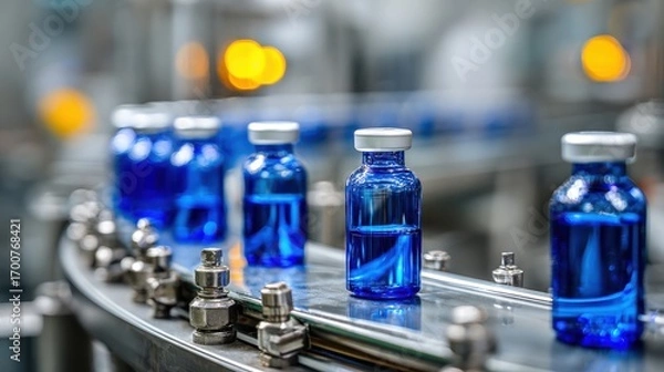 Fototapeta Premium photo of automated conveyor with blue medical vials in glass bottles pharmaceutical production line in sterile factory environment industrial automation for vaccine or.
