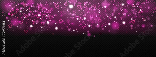 Fototapeta Shiny heart overlay with dark light rays, sparkling confetti, glitter and pink red glow. Stock vector illustration in abstract style.