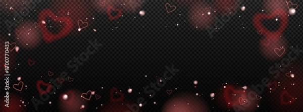 Fototapeta Abstract love background with gradient hearts, sparkles, flare light and shiny confetti on dark wallpaper. Stock vector illustration in romantic style.