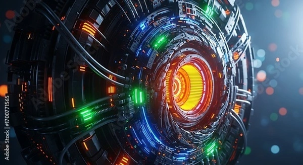 Fototapeta Abstract Futuristic Cybernetic Orb with Glowing Circuits and Energy Core