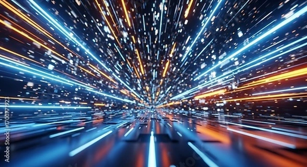 Fototapeta Abstract Digital Futuristic Cityscape With Glowing Lines of Light Speeding Into The Distance