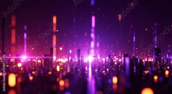 Fototapeta Abstract Digital Cityscape Futuristic Neon Lights Data Flow Technology
