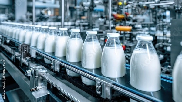 Fototapeta Premium photo of automated dairy production: milk bottling process in factory.