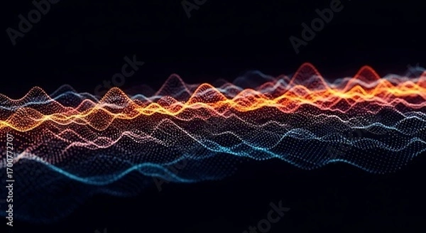 Fototapeta Abstract Digital Wavy Soundwave Visualization with Glowing Particles on Black Background