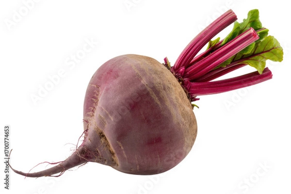 Obraz A single beetroot with its vibrant red leaves and roots, isolated on a transparent background. background removed