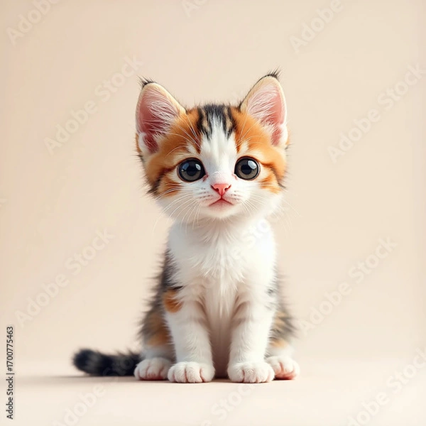 Fototapeta Adorable calico kitten with big eyes sitting and looking directly forward in studio lighting