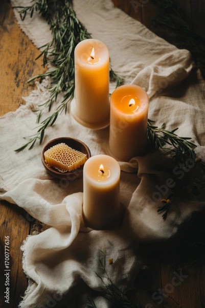Fototapeta Rustic candle and jars with dried flowers