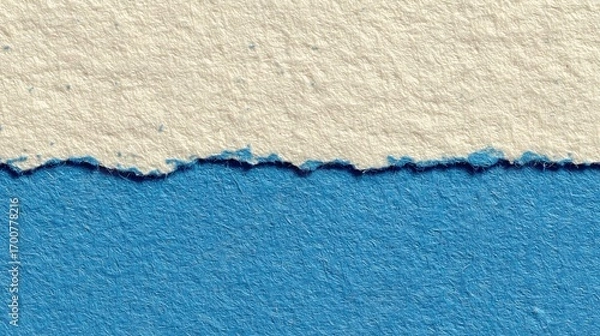 Fototapeta Abstract background of torn blue and beige handmade paper with rough fibrous texture for design