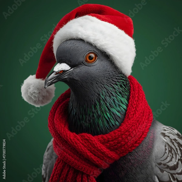 Obraz Festive pigeon wearing a red santa hat and scarf against a green background