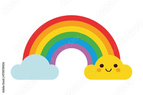 Fototapeta Cute colorful rainbow with smiling cloud characters on both ends illustration
