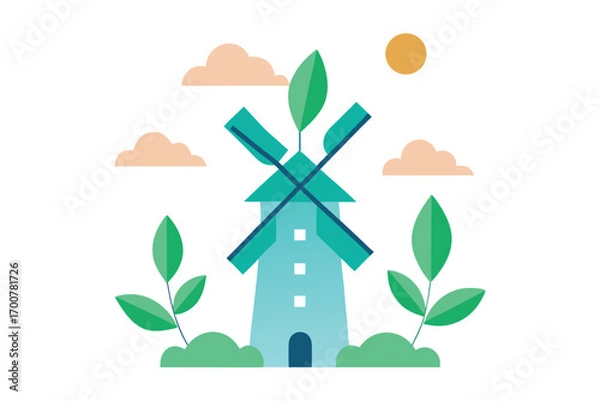 Fototapeta Stylized Windmill with Nature Elements under a Sunny Sky Illustration