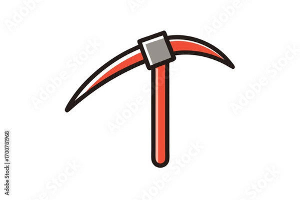 Fototapeta Red and Gray Cartoon Pickaxe with Thick Black Outline on White Background