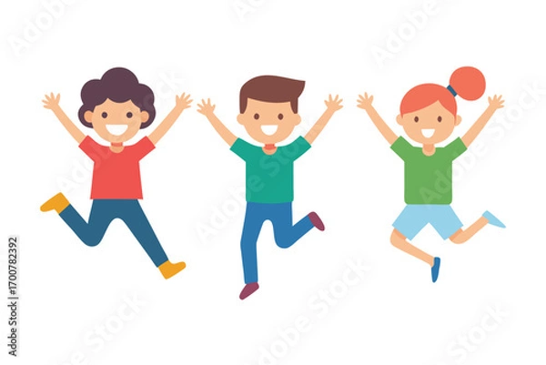 Fototapeta Three cheerful cartoon children jumping in the air with happy expressions