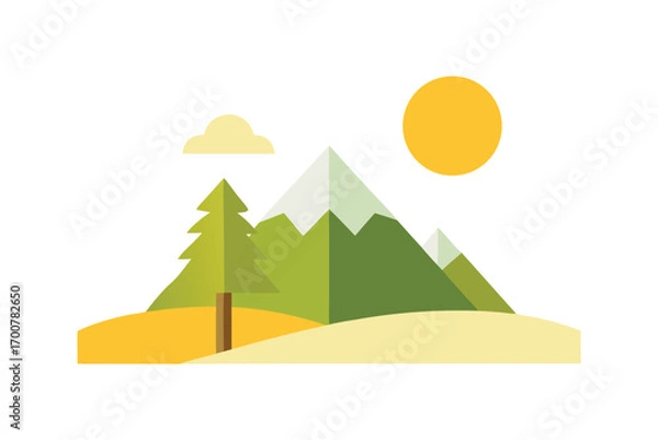Fototapeta Flat design illustration of a mountain landscape with a tree and sun
