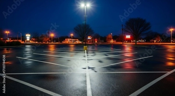 Fototapeta Empty parking lot at night under street lights.