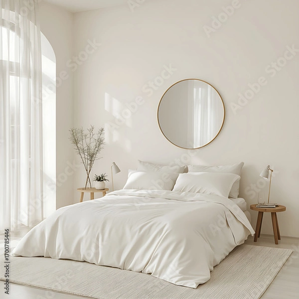 Fototapeta A tranquil minimalist bedroom with a floor bed and a circular mirror.