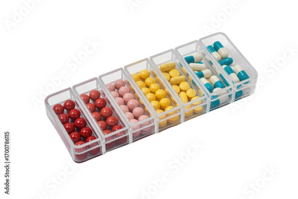 Obraz A transparent pill organizer with various colored pills and capsules, neatly arranged in compartments against a transparent background. background removed