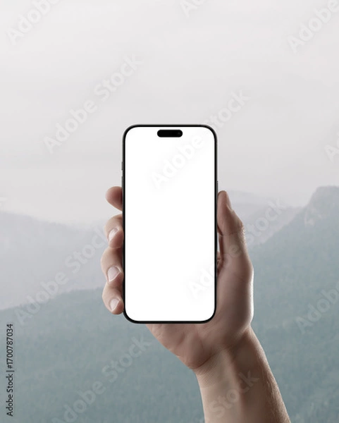 Fototapeta Hand holding smartphone mockup with blank screen in front of misty mountains