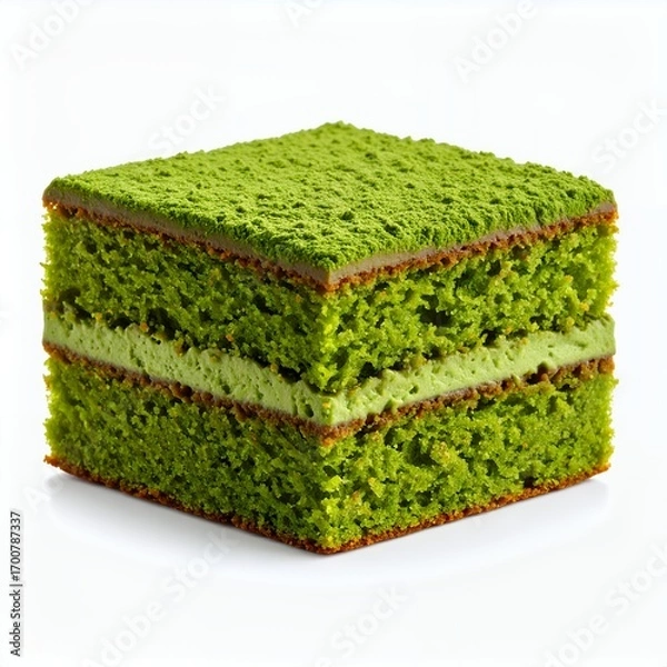 Obraz A vibrant green matcha sponge cake dessert displayed symmetrically and beautifully on white background