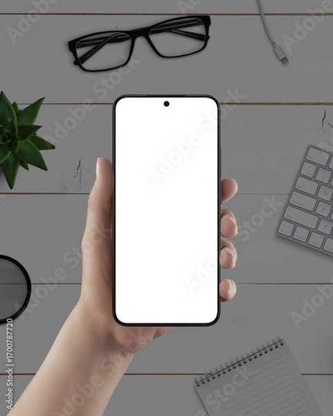 Fototapeta Hand holding smartphone mockup with blank screen on workspace background