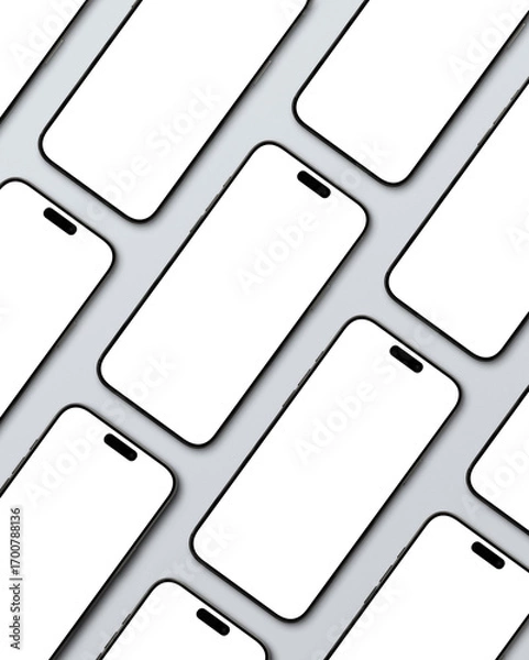 Fototapeta Multiple smartphones with blank screens arranged on gray background