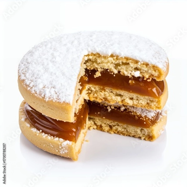 Fototapeta Delicious alfajor cookie with dulce de leche filling, a tempting snack, on white background