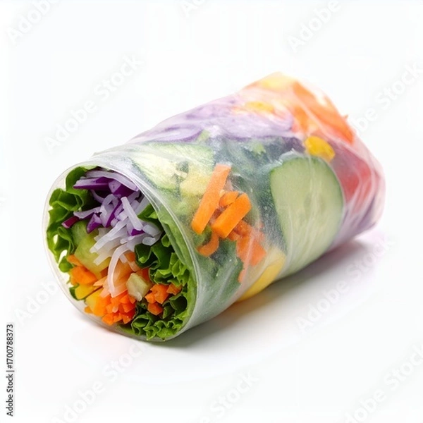 Fototapeta Fresh spring roll showcasing vibrant vegetables wrapped in rice paper on white background