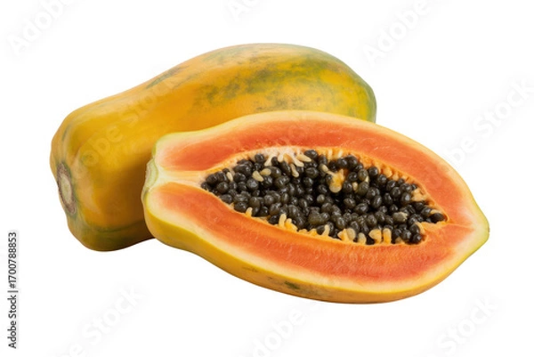 Obraz A whole and a halved papaya fruit, showcasing its vibrant orange flesh and black seeds against a transparent background. background removed
