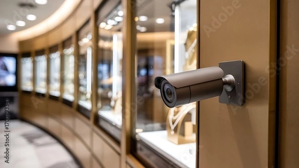 Obraz Security camera mounted on a wooden wall observing a curved display case filled with luxury items in a well lit retail store