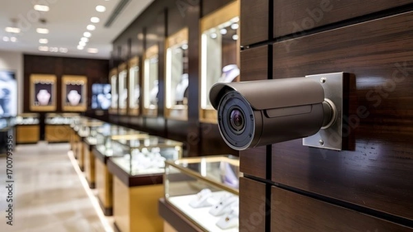 Obraz Close up of a security camera mounted on a dark wood wall in a luxury jewelry store showcasing display cases with watches