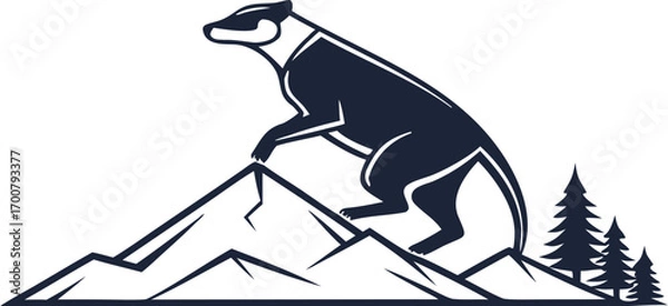 Fototapeta Vector illustration of a bear standing on a mountain peak in bold monochrome style. Symbol of wilderness, strength, and adventure. Perfect for outdoor, logo, and branding themes.