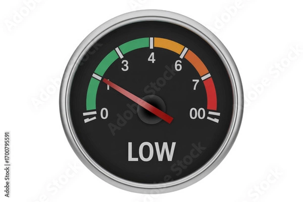 Obraz A circular gauge with a red needle pointing to 'LOW', indicating a low level. background removed