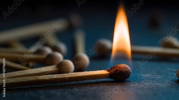 Fototapeta Premium photo of close-up of lit matchstick with flame among unlit matches on dark surface.