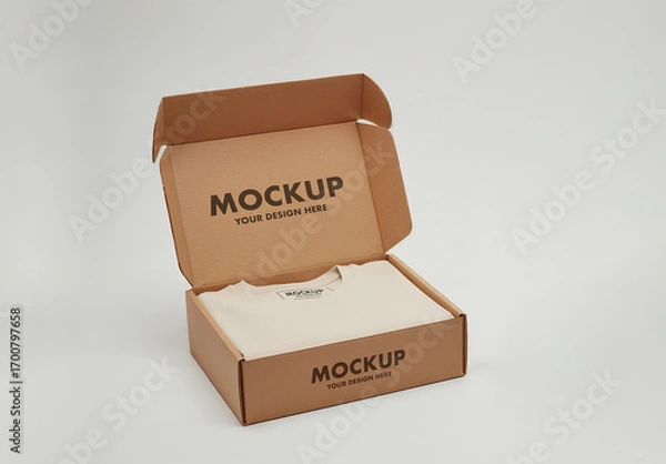 Obraz Single Folded T-Shirt Packaging Mockup in Kraft Cardboard Box