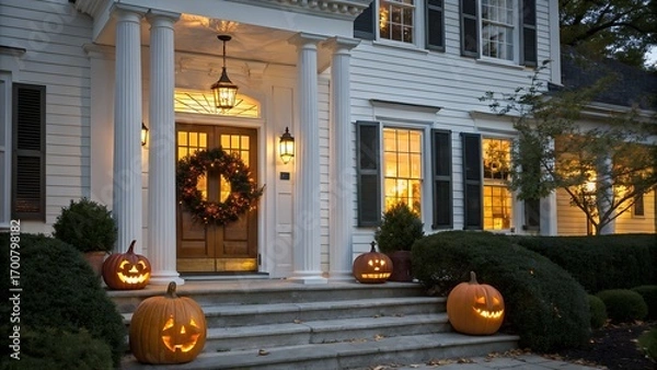 Fototapeta Illuminated Halloween pumpkins and wreath on a colonial house porch