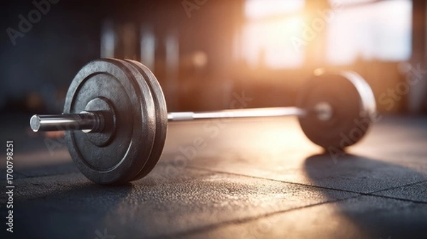 Fototapeta Premium photo of close-up of a barbell on a gym floor, illuminated by soft light, showcasing strength training and fitness.