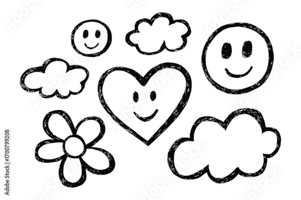 Fototapeta Hand Drawn Smiley Faces Heart Flower and Clouds doodle. Clouds and smile heart