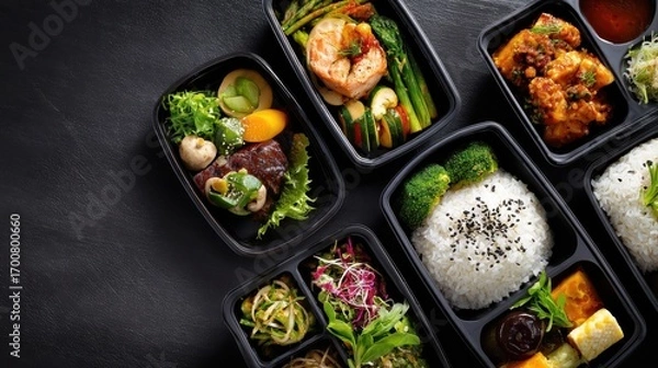 Fototapeta office food delivery takeout lunch boxes containers delivered in office on black table workplace ready take away snack daily healthy meal dinner at work desk flat lay desktop top view copy space no l