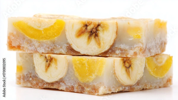 Fototapeta Protein bar with banana flavor, yellow tones in the filling, isolated on clean white background
