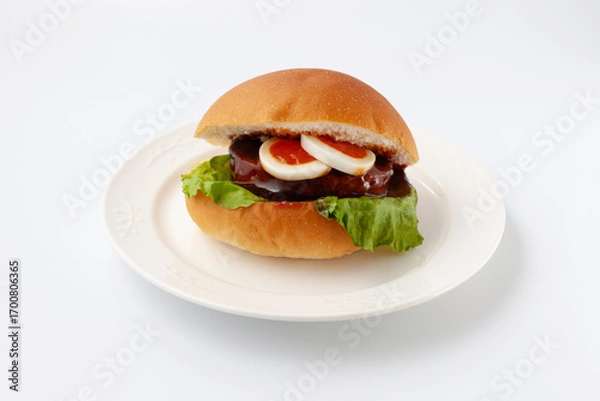 Obraz お皿にのせたテリヤキバーガー 白背景