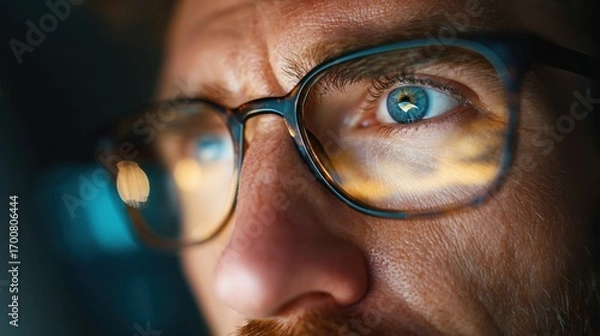 Fototapeta close up view of focused businessman wears computer glasses for reducing eye strain blurred vision looking at pc screen with computer reflection using internet reading watching working online late no