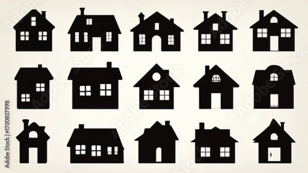 Fototapeta Collection of black and white houses with a white background. The houses are all different sizes and shapes