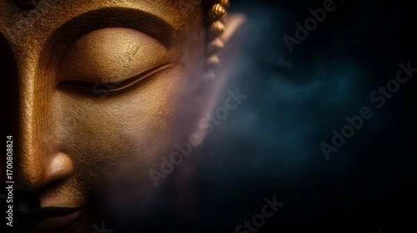 Fototapeta Gold statue of a face with a serene expression. The face is surrounded by a dark background