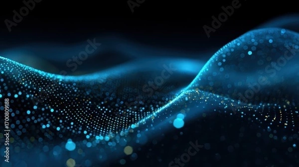 Fototapeta abstract digital wave of glowing blue dots on a dark background creating a futuristic and dynamic sense of motion and technology