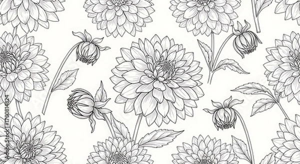 Fototapeta Elegant Dahlia Flower Pattern in Black and White.