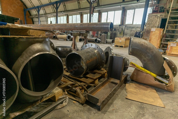 Fototapeta Large industrial metal pipe fittings and components stored in a workshop, showing steel elbows and cylinders on the floor. Concept of heavy industry, metalworking, and manufacturing equipment