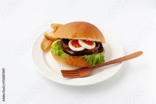 Fototapeta お皿にのせたテリヤキバーガー 白背景