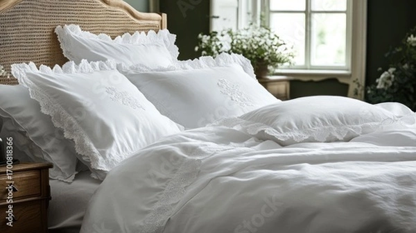 Obraz Elegant white bedding in a cozy bedroom setting