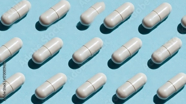 Fototapeta Premium photo of pattern of white capsules neatly arranged on a light blue surface.